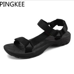 New Size 41. PINGKEE Fabric Upper Adjustable Men Summer Leather Sandals Original Mens Sandals Man Leather Classic Slip on Flat Men's Shoes