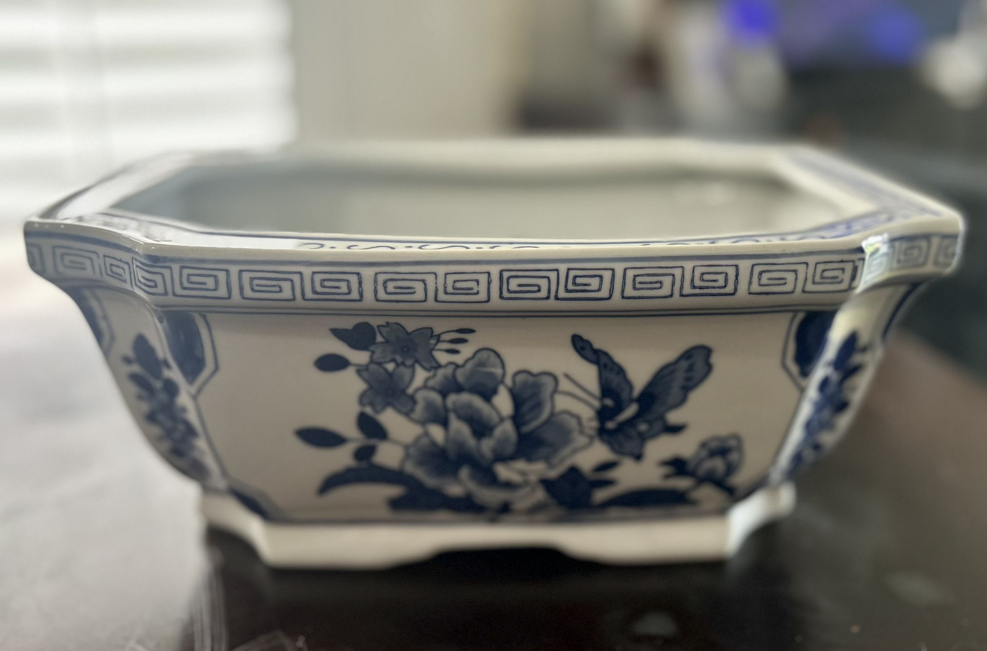 Chinoiserie blue and white porcelain planter.