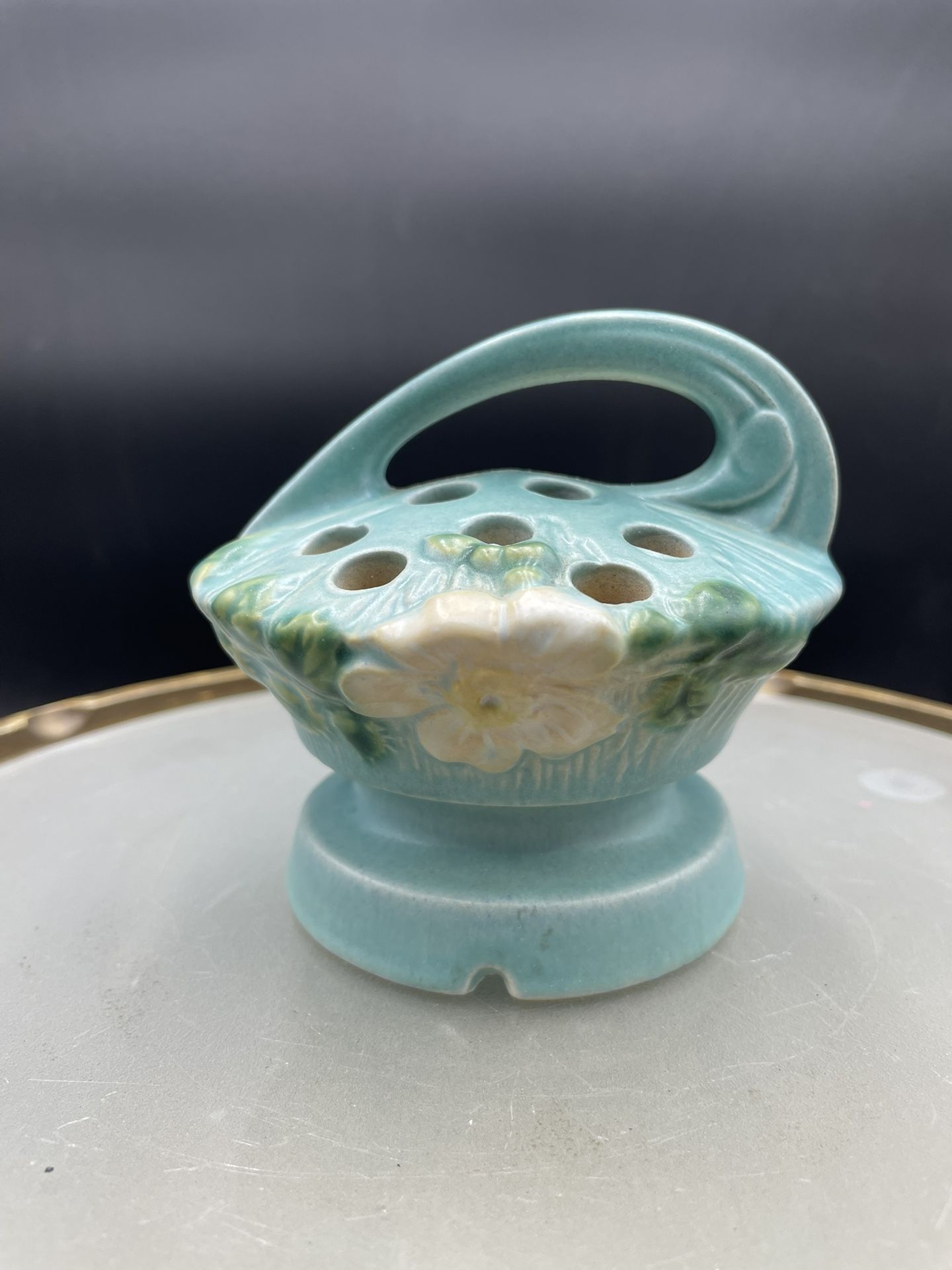 Vintage Roseville Pottery Flower Frog 41 White Rose on Blue Basket c1940