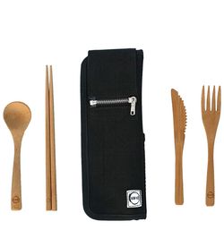 New Bamboo Cutlery Travel Set Utensils | Black Carrying Bag Case Bamboo Spoon Fork Chop Stick Knife Clip | Camping Hiking Outdoors Zero Waste Plastic