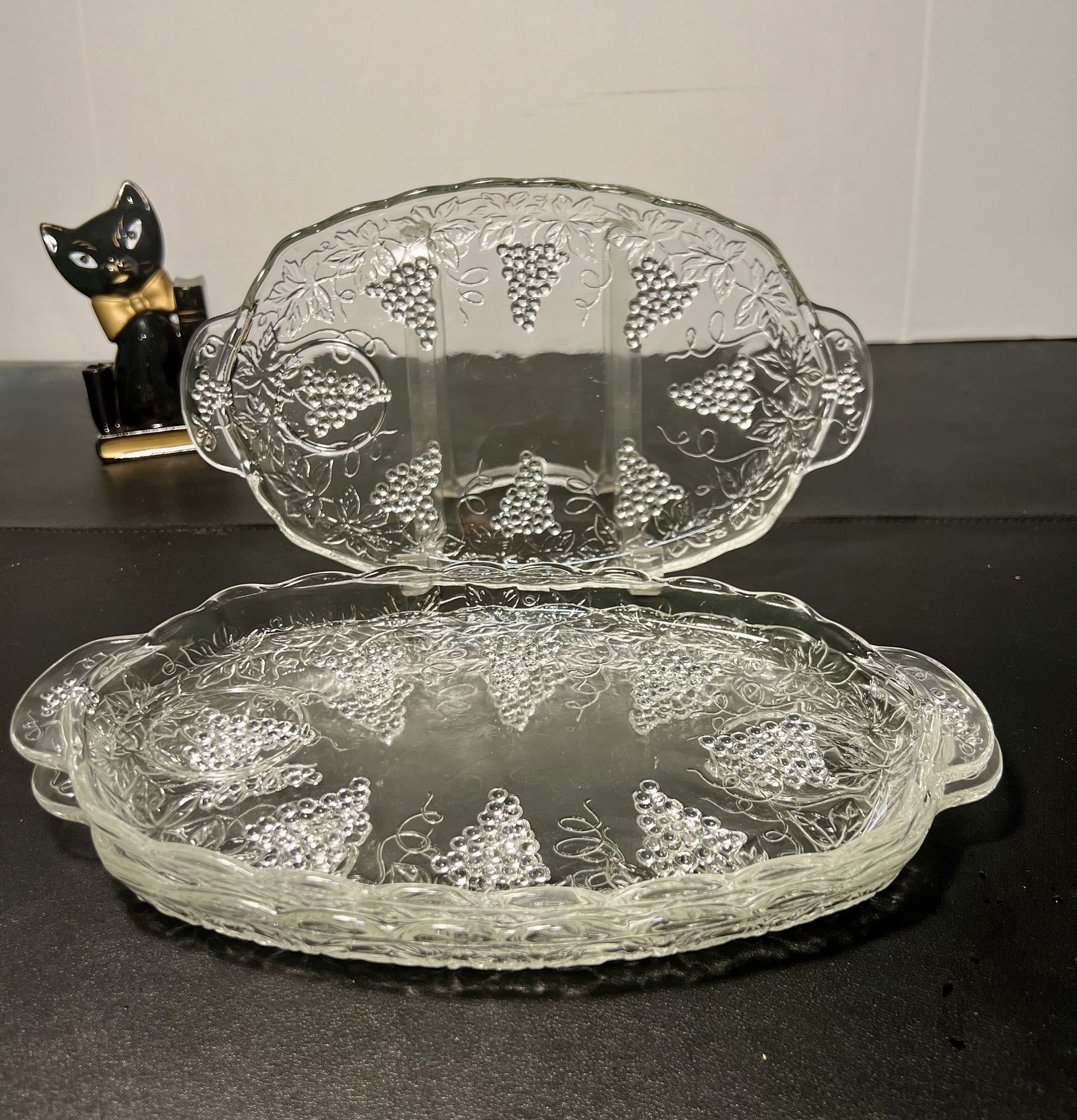 Anchor Hocking 1950s Set Of 3 Clear Glass Grapes & Leaves Snack Trays, 11.5x7”