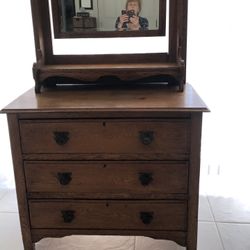1920s oak three drawer women’s vanity dresser with tilted mirror And Beautiful Brass Hardware