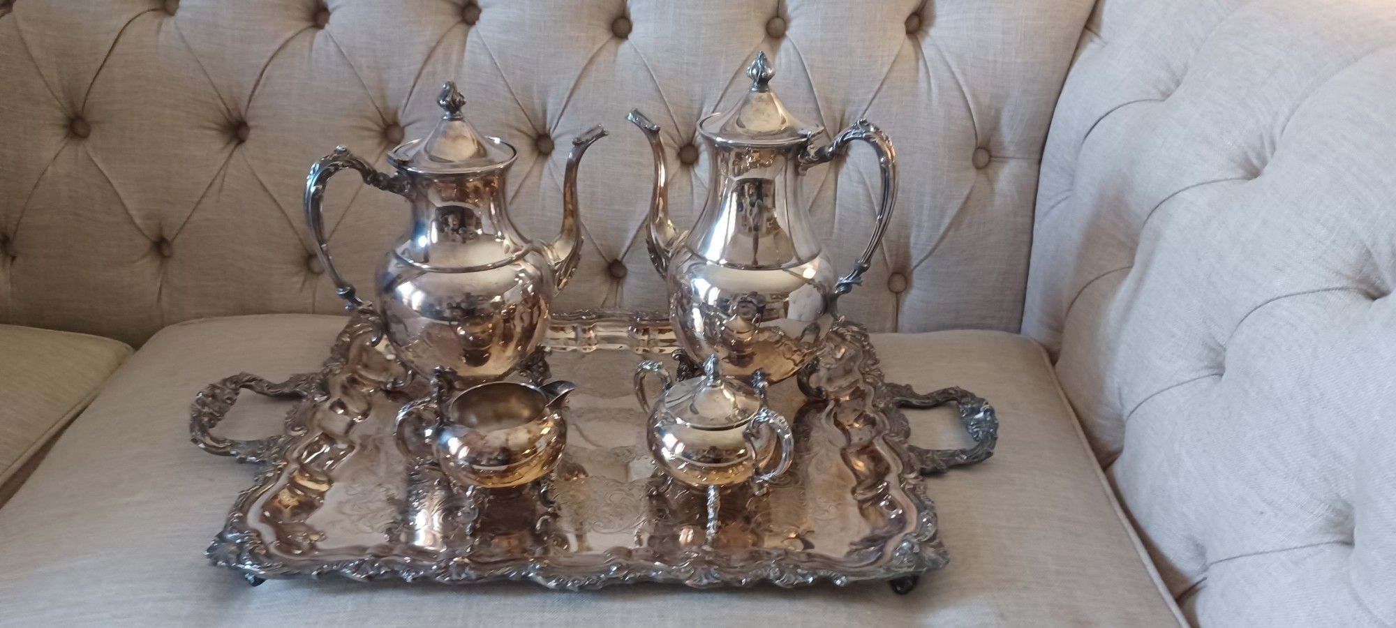 Antique Sheridan Silver On Copper 5-Piece Coffee Tea Set