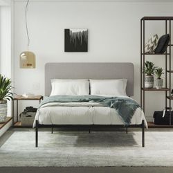 Queen Bed Frame and Upholstered Headboard - Black Metal/Grey Linen