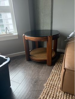 Vintage Mid-Century Style Round Wood Side Table with Smoked Glass & Cane Shelf