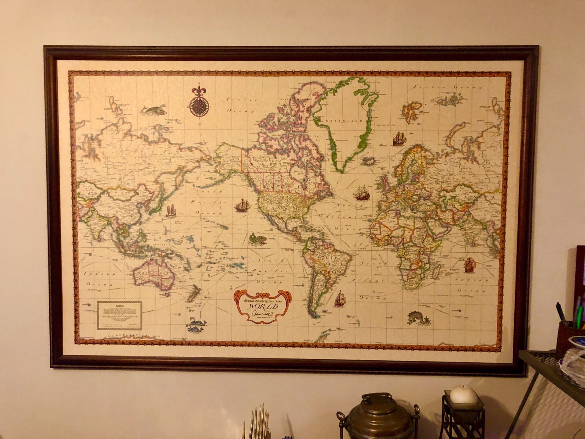 Large office or home den world on board map, mahogany framed ready to hang