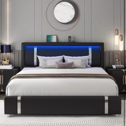 King Size Bed Frame, LED, 2-Storage Drawers