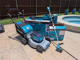 Complete Makita yard tool set: 36v 21" aluminum deck mower, leaf blower, trimmer + batteries