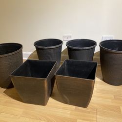 Set Of 6 Outdoor Bronze Colored Planters Larger Size Square And Round EUC