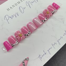 Short duck Press on nails pink animal print aura white black 3D gel flowers