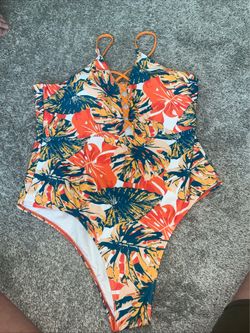 Tropical print orange green swimsuit size XL