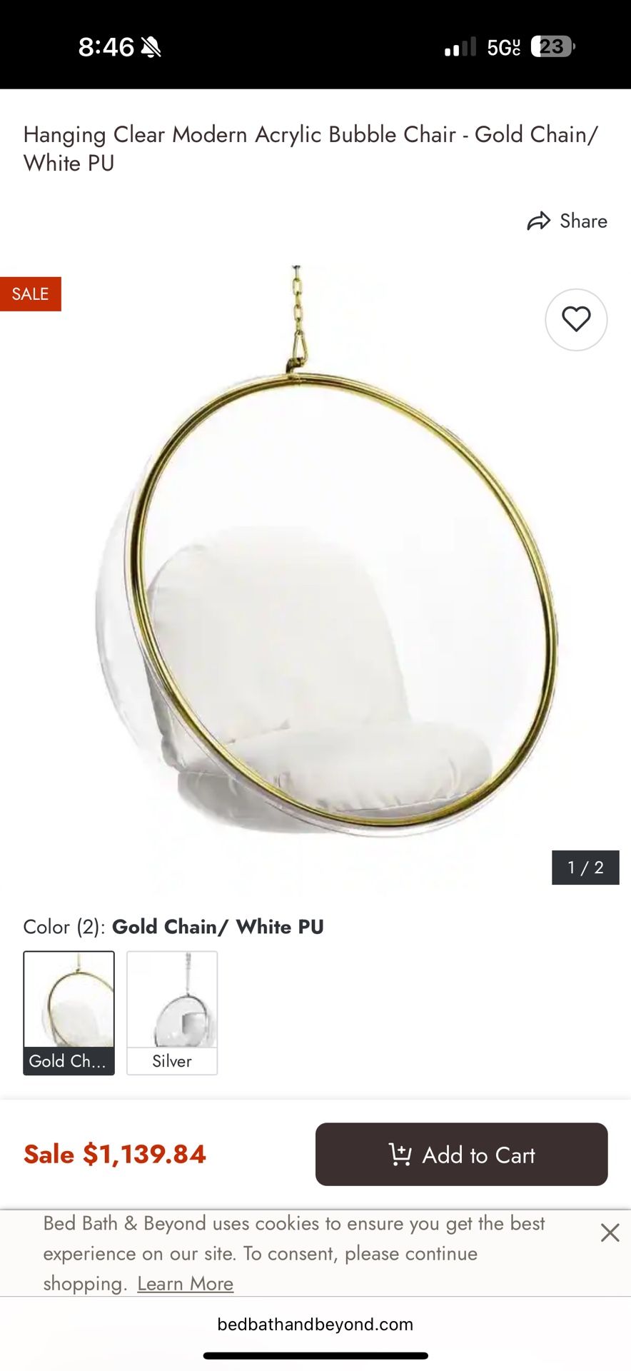 Hanging Clear Modern Acrylic Bubble Chair - Gold Chain/ White PU