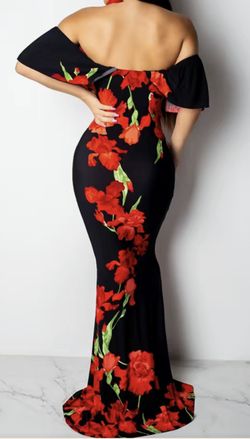 Christmas Dress/Floral Print Floor Length Dress, Sexy Off Shoulder Bodycon Party Evening Dress, Women's Clothing
