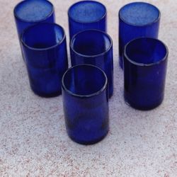 Vtg Mexican Hand Blown Colbolt Blue Drinking Glasses 