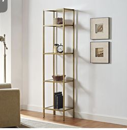 Crosley Furniture Aimee Narrow Bookshelf with Glass Shelves, Bookcase Storage, Gold and Glass