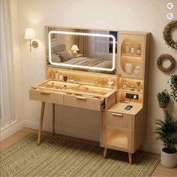 REFGY 48" Fluted Vanity Desk with Lighted Mirror & Charging Station