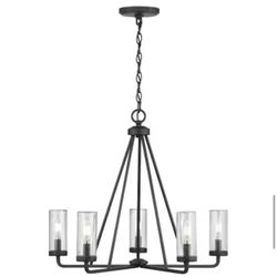 Hampton Bay Bainbridge 24 in. 5-Light Black Outdoor Urban Industrial Chandelier with Clear Seeded Glass Shades