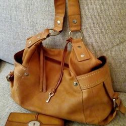 Vintage Fossil Large Leather Hobo/Satchel Bag And Matching Wallet 