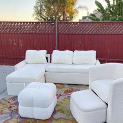 4 Piece AMERLIFE Sleeper Sofa, 2-in-1 Sofa Bed, Pull Out Sofa Couch, Boucle White Set