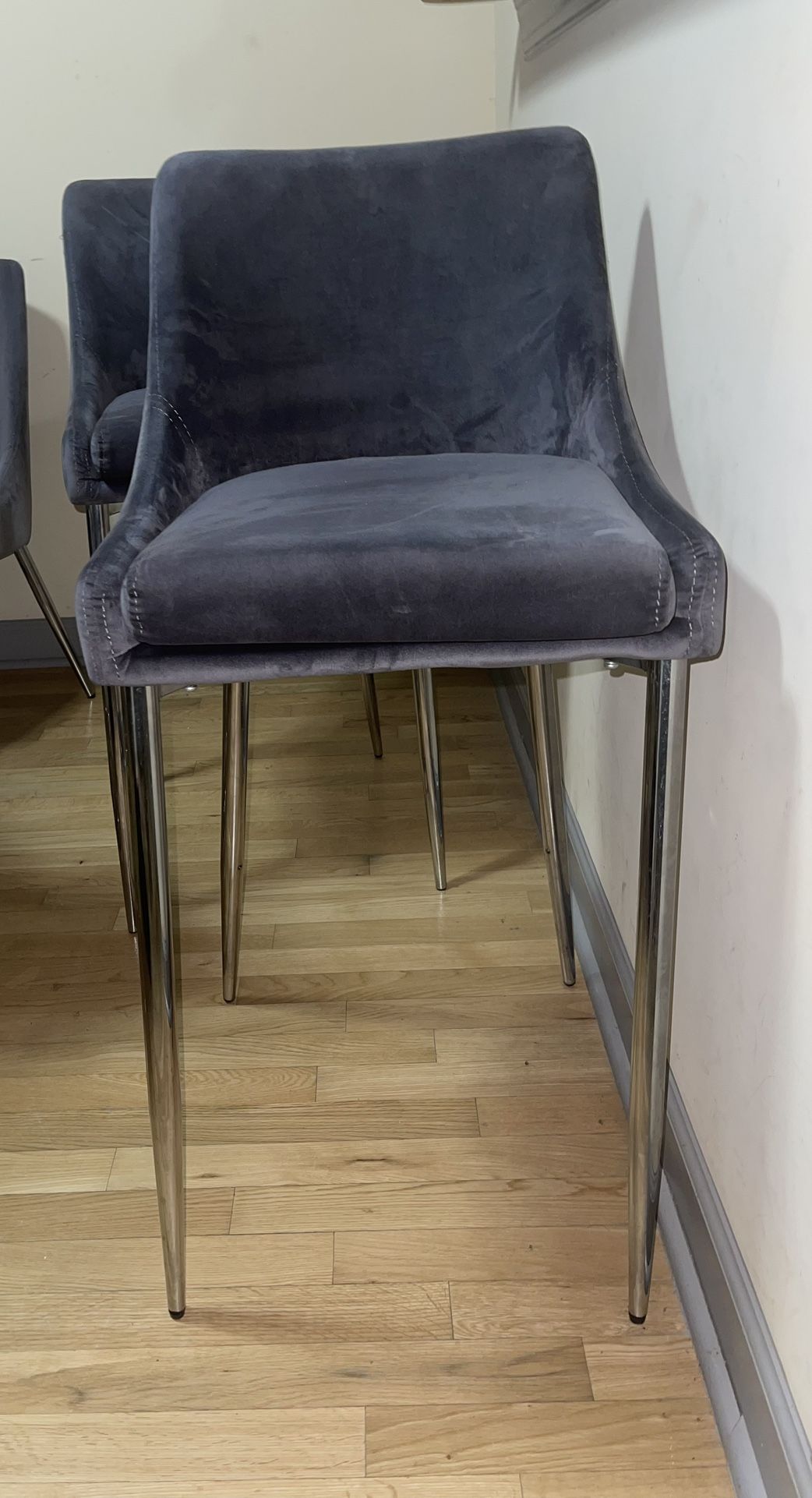 Velvet Upholstered Counter Stool with Polished Chrome Metal Legs, Set of 2, Grey