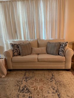 Beige Fabric Sofa with Throw Pillows (5 months old)
