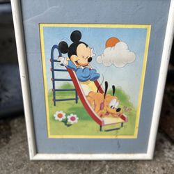Walt Disney Mickey Mouse Art Framed And Matted In Blue And Yellow Inside White Picture Frame