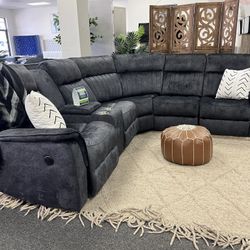 Power Reclining Sectional In Grey Crushed Velvet Fabric 