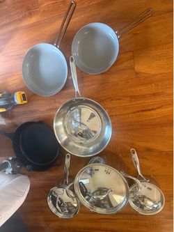 Full set of 7 pots, pans, cast iron