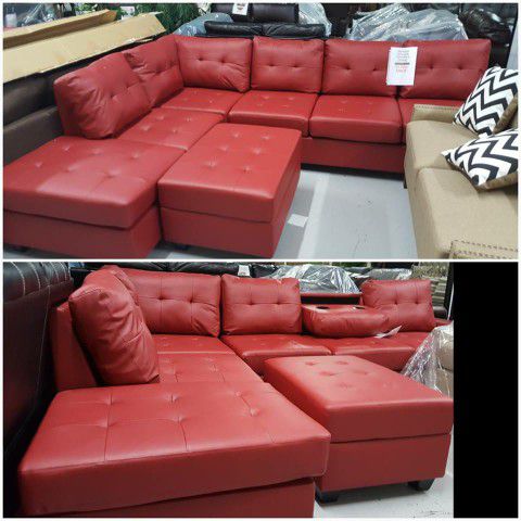 New Red Leather Sectional And Ottoman