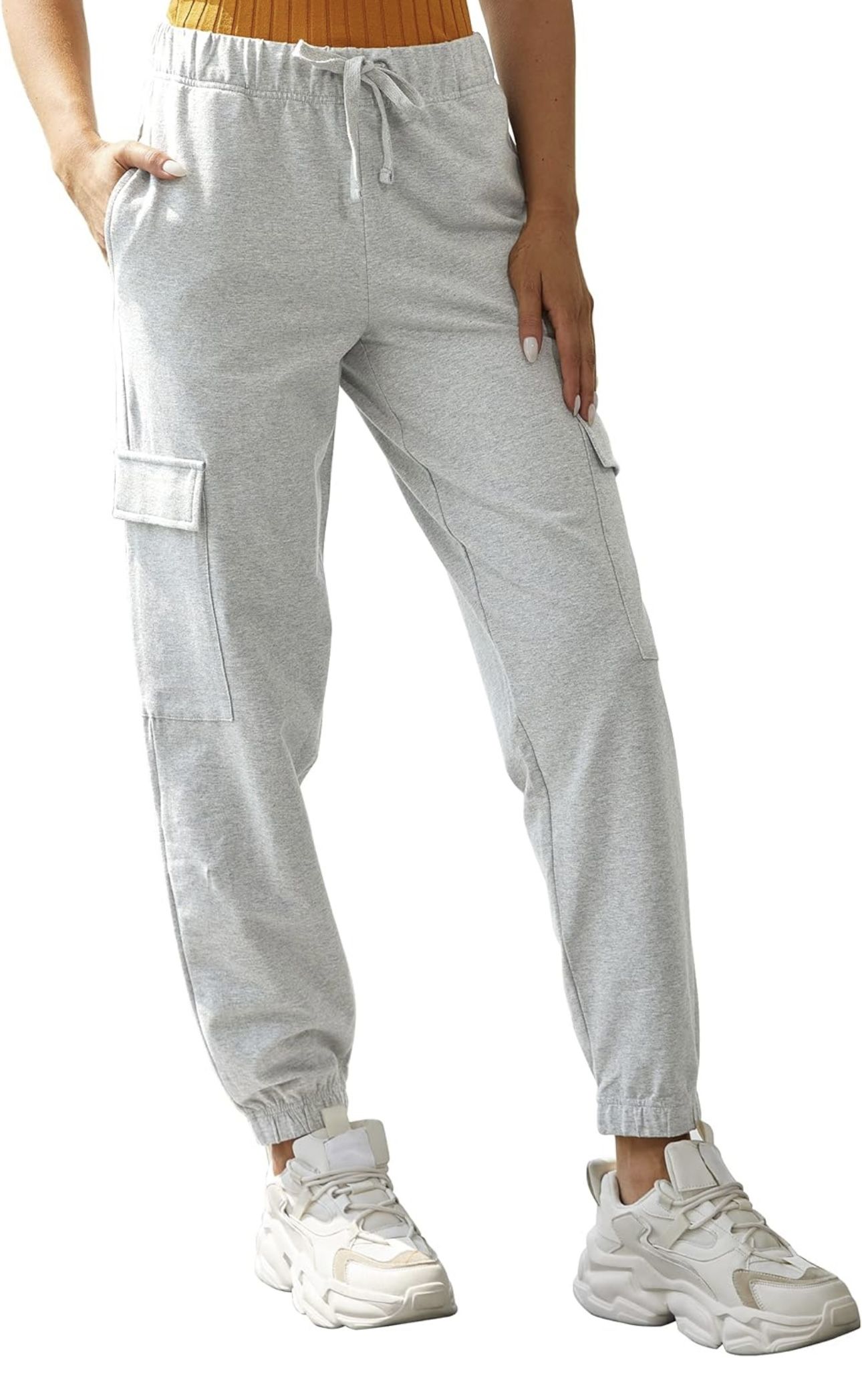 Women Drawstring Waist Cinch-Bottom Sweatpants Cotton Yoga Joggers Pants Workout Lounge Pants with Pockets-HF815-Light Grey-XL