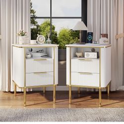 Night Stand Set 2: White and Gold Nightstand Set of 2 with Charging, Fluted Night Stands for Bedrooms Set of 2, Wooden Nightstand Set of 2 with Drawer