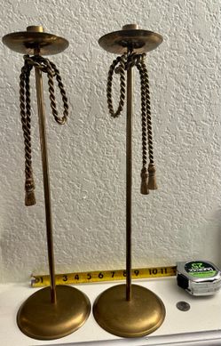 Vintage Brass Tall Candlesticks with Rope & Tassel Detail (Pair)