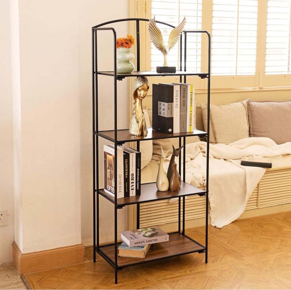 Crofy No Assembly Folding Bookshelf 4 Tier Black Bookshelf Metal Book Shelf for Storage Folding Bookcase for Office Organization and Storage