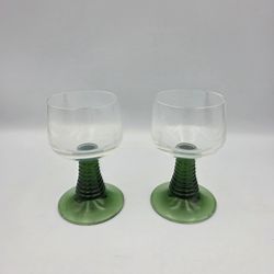 2 Vtg MCM German Roemer Green Beehive Stem Wine Glasses Crystal 4.5" Tall