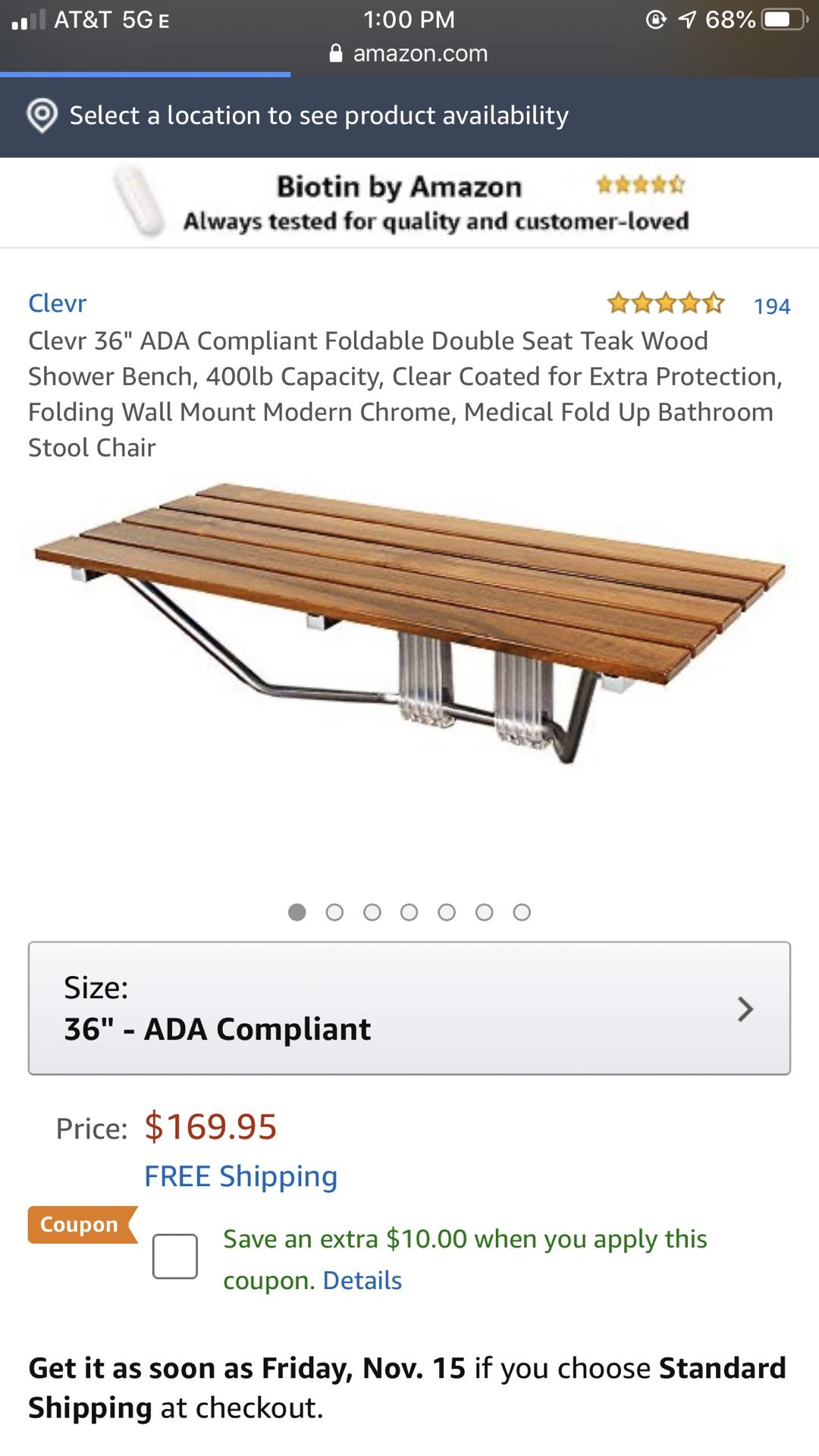 Clevr 36” teak foldable double shower seat