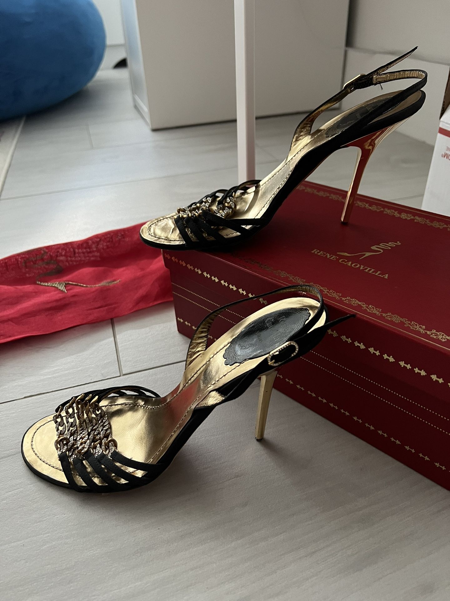 Authentic Rene Caovilla Gold Sandals Slides Heels Shoe 38 7.5