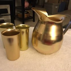 Antique Vintage Gold Aluminum Pitcher And Glasses