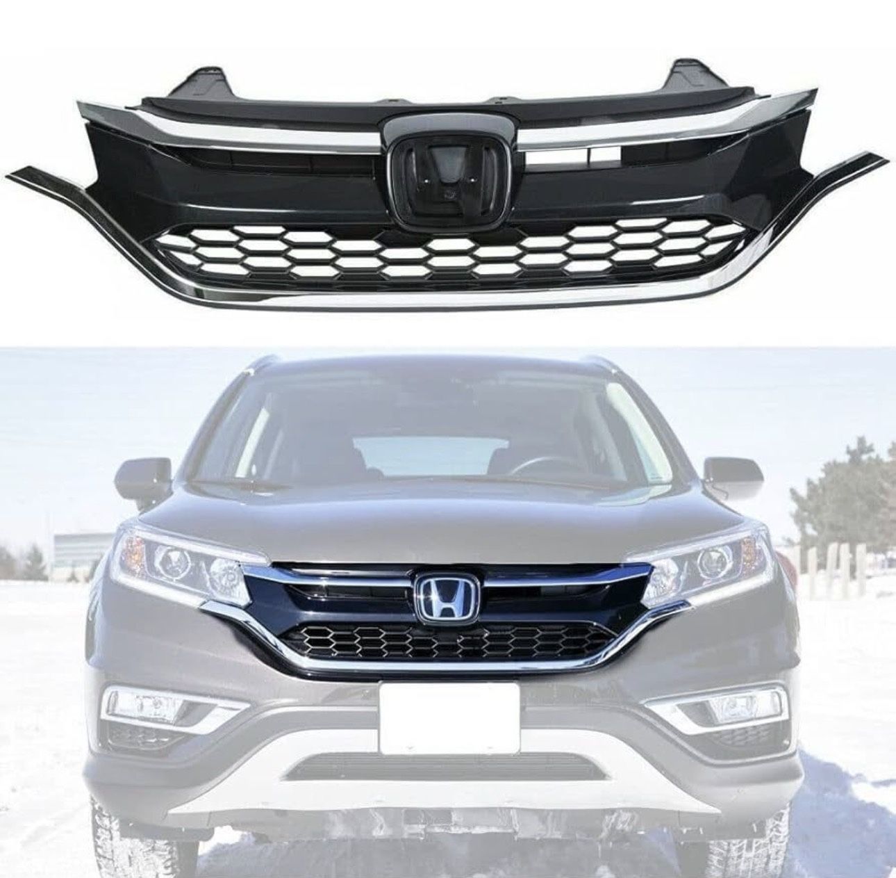 Front Bumper Upper Grille Compatible with 2015 2016 Honda CRV CR-V ABS Plastic Glossy Black Mesh Textured Finish Frame Assembly Grill Insert with Chro