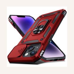 Case for iPhone 14 Plus/15 Plus,Heavy Duty Shockproof Full Body Protective Phone Cover,Built in Slide Camera Lens Cover+Finger Ring Stable Kickstand