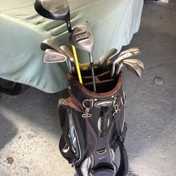 Used Right Hand- Mens Golf club set, irons,woods, bag, + balls,