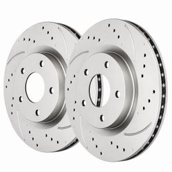 New KAX front brake rotors for 2014–2017 Nissan Rogue. Drilled and slotted, 11.65-inch diameter KAX Front Drilled and Slotted Brake Rotors — Set of 2