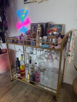 Gold Bar Cart with Glass Shelves and Stemware Rack