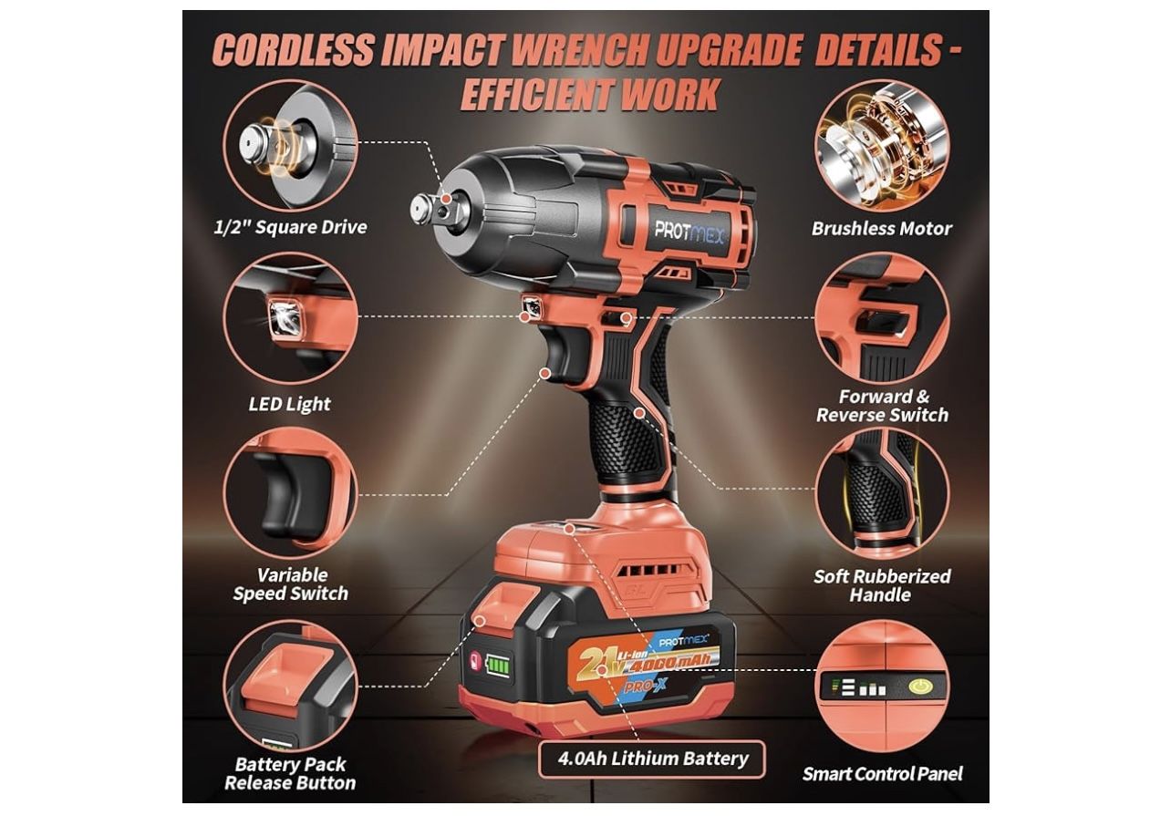 Impact Wrench, 1/2" Cordless Impact Driver, 21V High Torque Power Impact Gun - 2x4.0Ah Batteries, Variable Speeds Brushless Impact