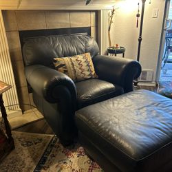 Navy Leather Armchair And Ottoman Set