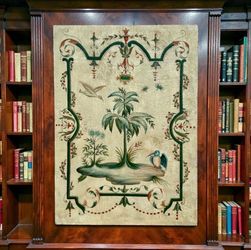 ⭕️ Large Hand-painted Vintage Neoclassical Botanical Wall Art – Tropical Palm & Birds, 33x46