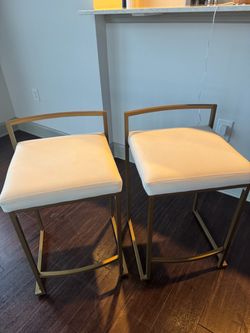 Set of 2 Gold Metal Bar Stools with Beige Cushions