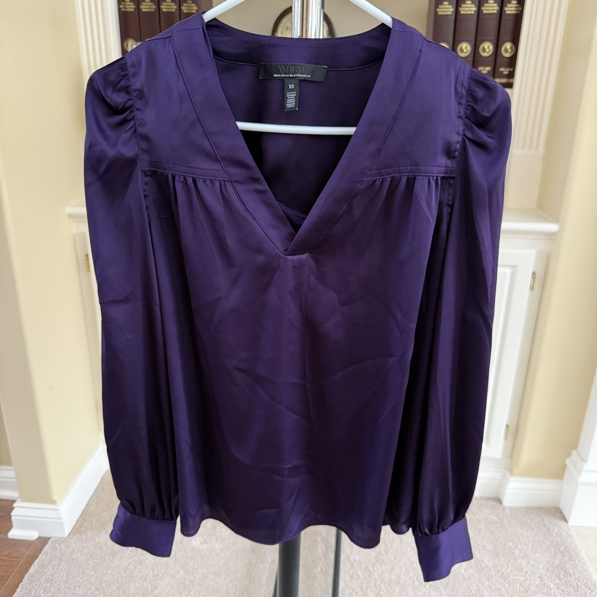 White House Black Market (WHBM) purple satin long-sleeve blouse
