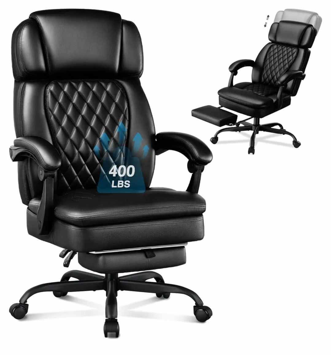 400lbs Executive Office Chair with Foot Rest for Heavy People, Ergonomic Big and Tall Desk Chair with Adjustable Headrest, High Back PU Leather Comfy