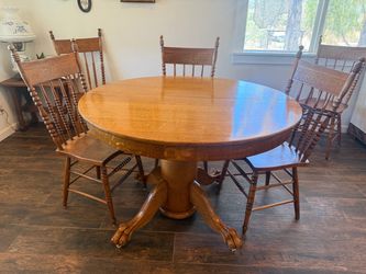 Antique Oak Pedestal Dining Table with 6 Chairs