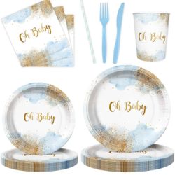 112 PCS Baby Shower Party Decorations Boy Watercolor Pastel Blue Boy Baby Shower Party Supplies Disposable Dinnerware Oh Baby Paper Plates Napkins Cup